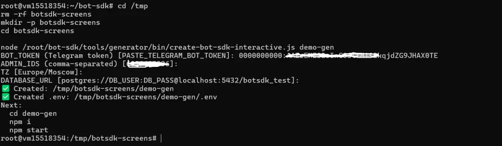 Генератор новых Тelegram-ботов (обычный и интерактивный) создаёт из шаблона.