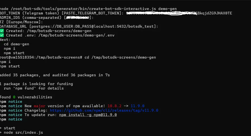 Генератор новых Тelegram-ботов (обычный и интерактивный) создаёт из шаблона.