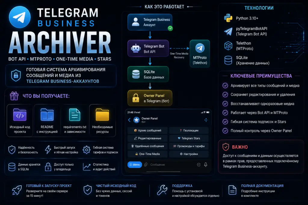 Telegram Business Archiver — готовый бот с исходным кодом